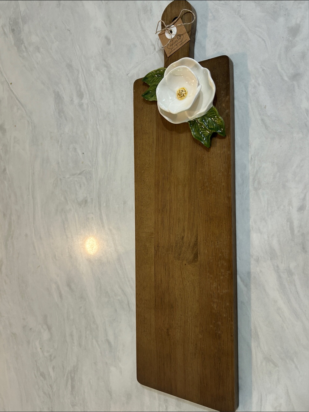 Mud Pie Wooden Serving Board with Ceramic White Flower Accent